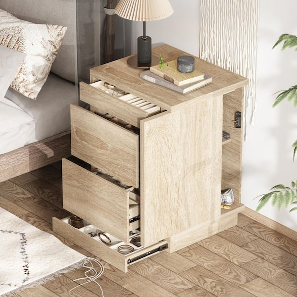 Light Oak Finish 4-Drawer 23.6 in. W Nightstand, Hidden Storage Cabinet with 2-Shelf, NFC Card