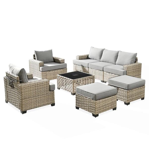 Kelley's 8-Piece Wicker Modern Outdoor Patio Conversation Sofa Seating Set with a LED Table and Light Grey Cushions