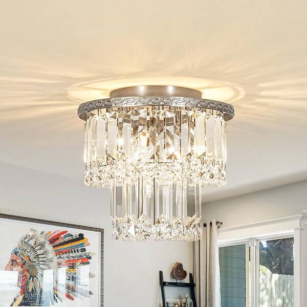 HUOKU Crystal 3-Light 9.8 in. W Antique Nickel Tiered Crystal Semi