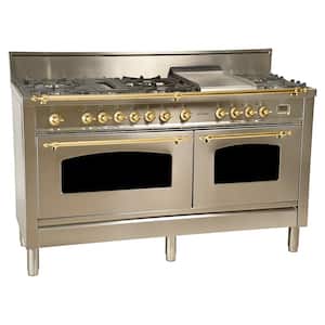 60 in. 6 cu. ft. Double Oven Dual Fuel Italian Range True Convection, 8 Burners, Griddle, Brass Trim in Stainless Steel