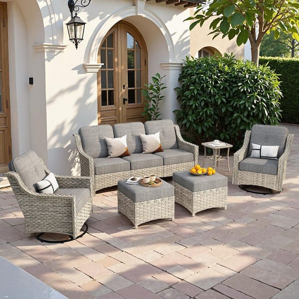 Palffy Gray 6-Piece Wicker Outdoor Patio Conversation Set with Dark Gray Cushions and Swivel Rocking Chairs