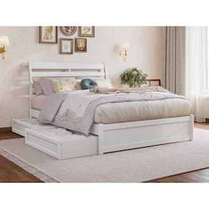 Emelie White Solid Wood Frame Full Platform Bed with Panel Footboard and Storage Drawers