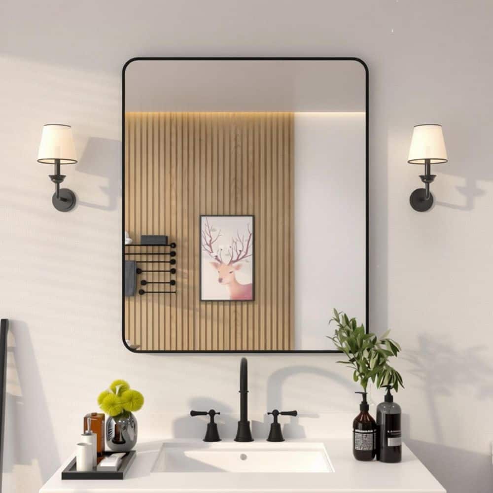 Niveal 30  x 36  Frameless Rounded Corner Rectangle Mirror Bathroom Wall Mirror Matte Black Make up Mirror Vanity Mirror for Bathroom/Room