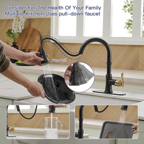 Single Handle Gold Black 14.4 in. H 3-Function Pull-Down Sprayer Kitchen Faucet W/ 360 Swivel, Deck Mount