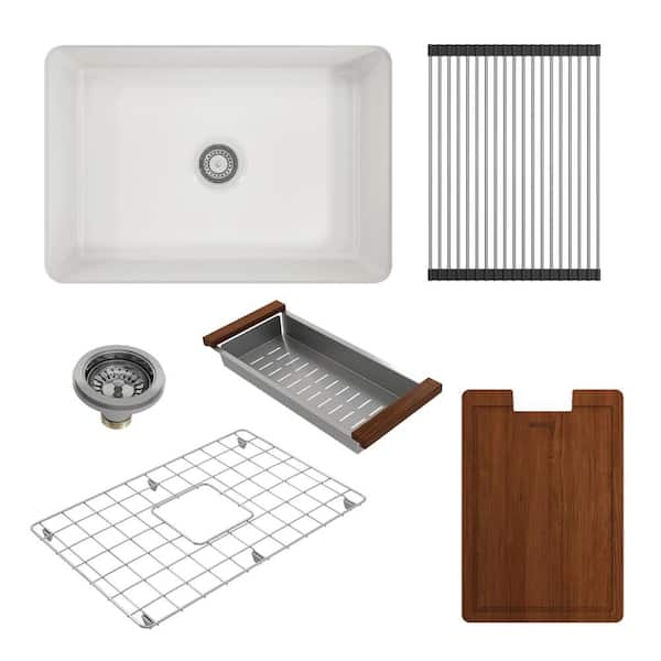 BOCCHI Sotto White Fireclay 27 in. Single Bowl Undermount Kitchen Sink with Accessories