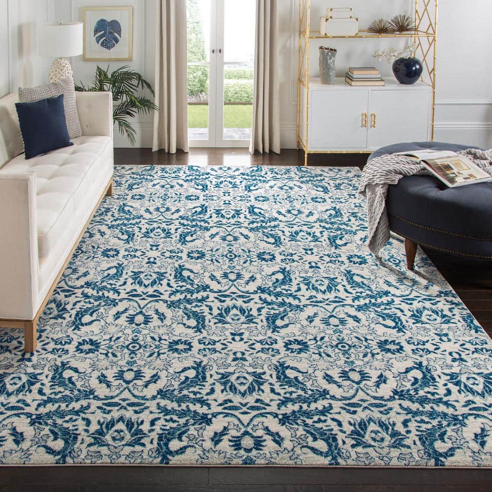 Ivory and Blue High Pile Floral Area Rug