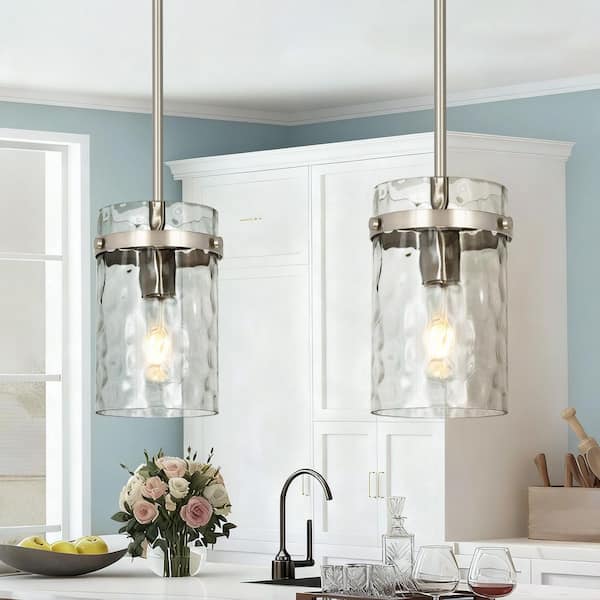 Jasslynn 2-Pack 60-Watt Brushed Nickel Modern Adjustable Pendant Light with Cylinder Glass Shade for Kitchen Island