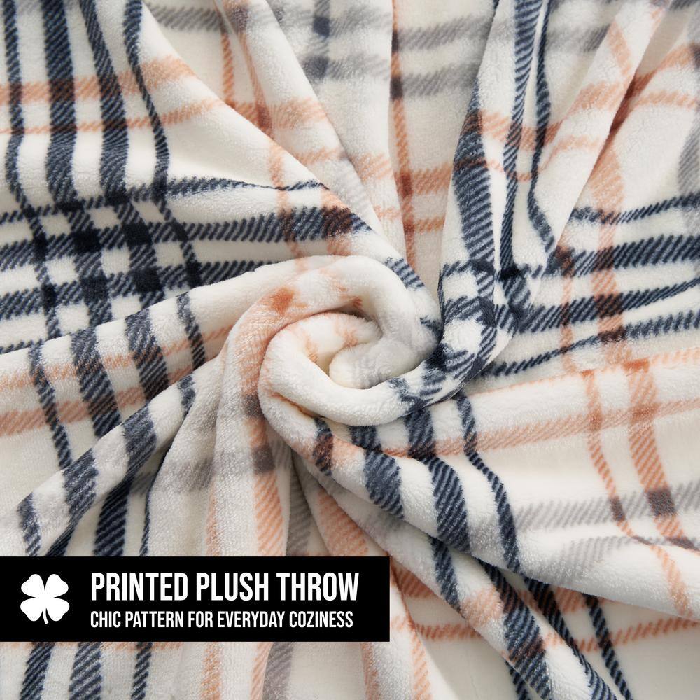 Beige and Navy Plaid Faux Fur Reversible Throw Blanket 50" x 70"