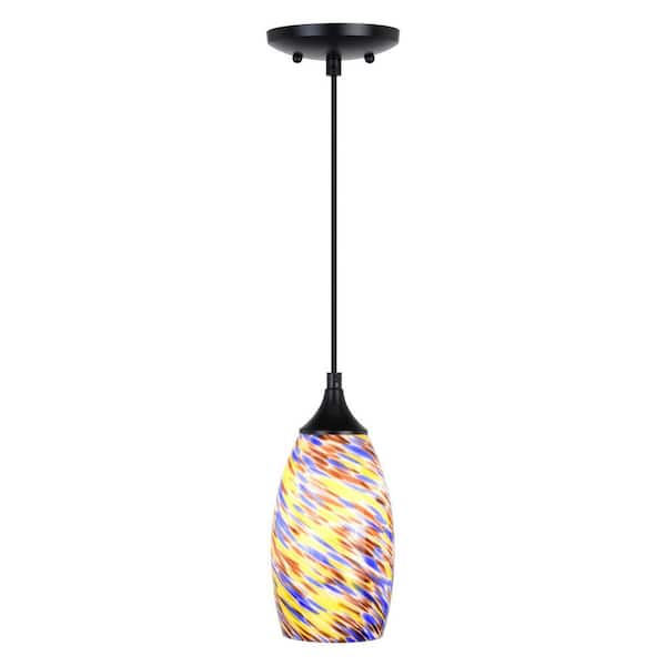 VAXCEL Milano 1-Light Matte Black Mini Pendant Ceiling Light Multi-Color Swirl Art Glass