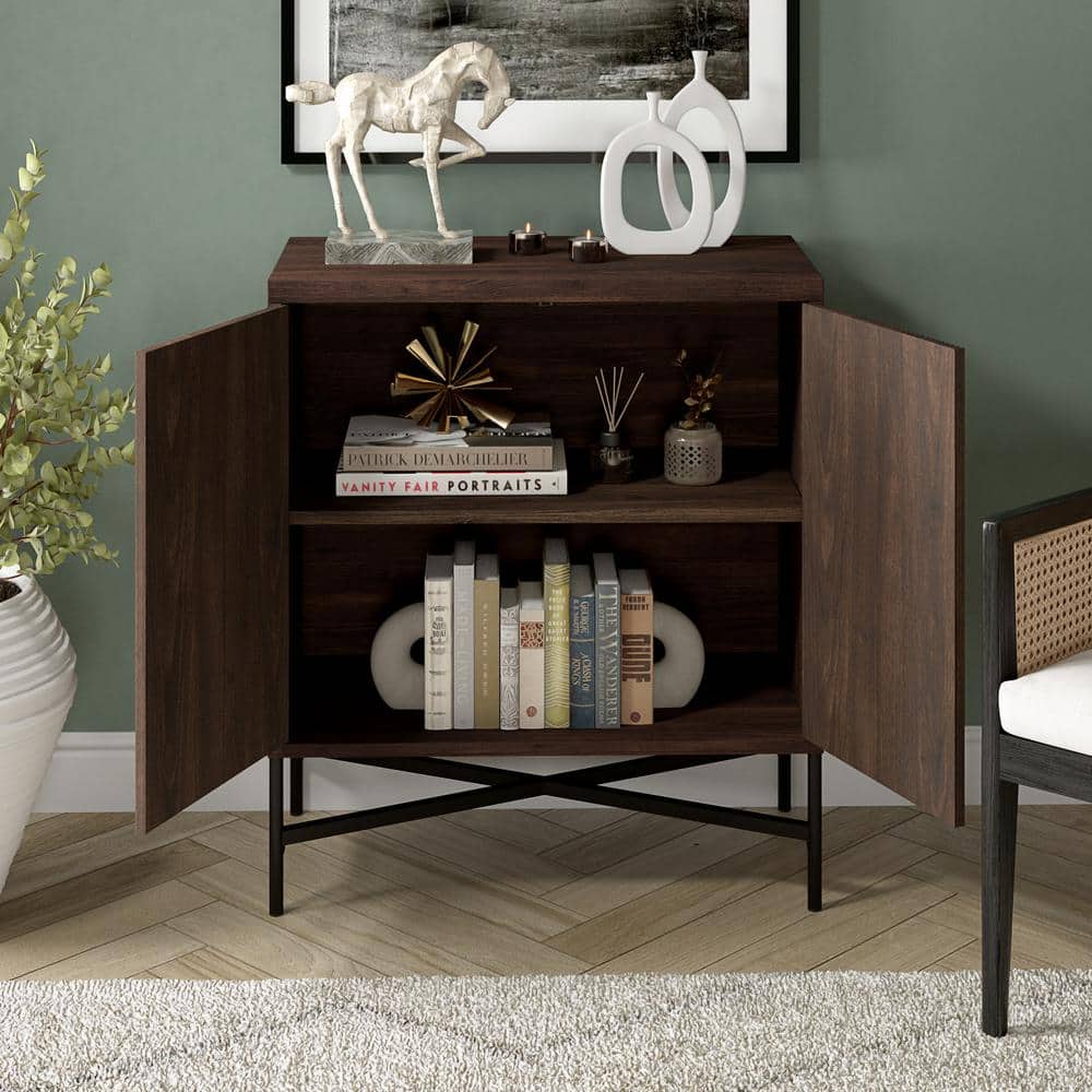 Alder Brown Modern X-Base Accent Cabinet with Adjustable Shelving