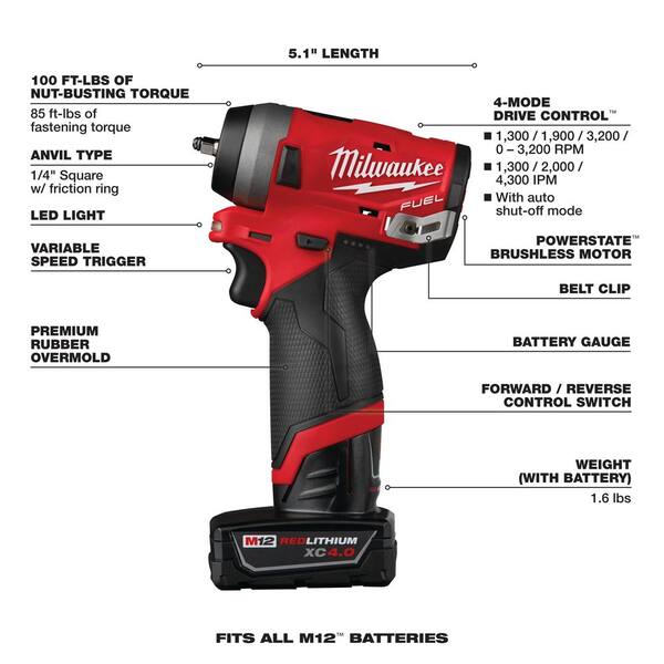 Milwaukee M12 FUEL 12V Li-Ion Cordless Stubby 1/4 in. Impact Wrench Kit  with Protective Boot, One 4.0 and One 2.0Ah Battery 2552-22-49-16-2554 -  The Home Depot