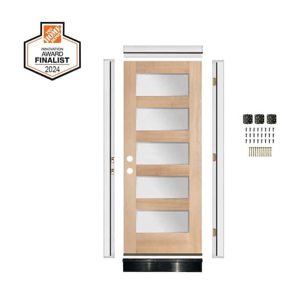 DIY RTA KIT 36in.x80in. Hemlock 5-Lite Right-Hand/Inswing Frosted Glass Unfinished Wood Ready To Assemble Front Door