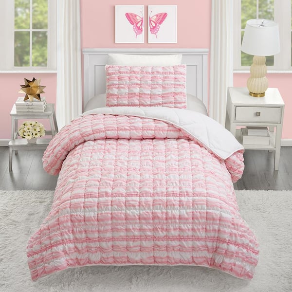 Dreamy Clouds 2-Piece Pink Puffy Microfiber Twin/Twin XL Quilt Set