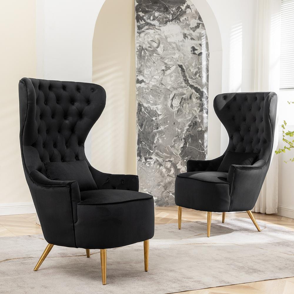 Black Upholstered Tufted Velvet High Wingback Chair Set of 2