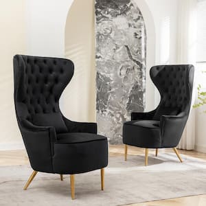 Black Upholstered Tufted Velvet High Wingback Chair (Set of 2)