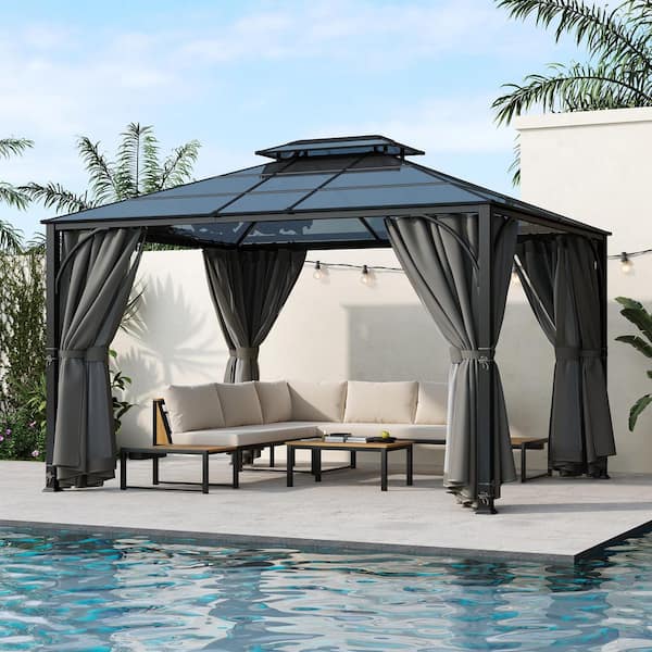 10 ft. x 12 ft. Gray Hardtop Outdoor Gazebo with Heavy Duty Double PC Roof, Mosquito Netting, Privacy Curtains