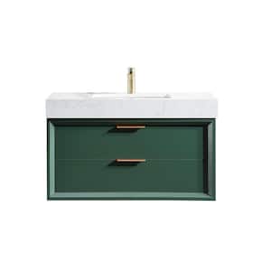 36 in. W x 21 in. D x 21 in. H Single Sink Bath Vanity in Green with White Marble Countertop, 2-Drawers and LED Light