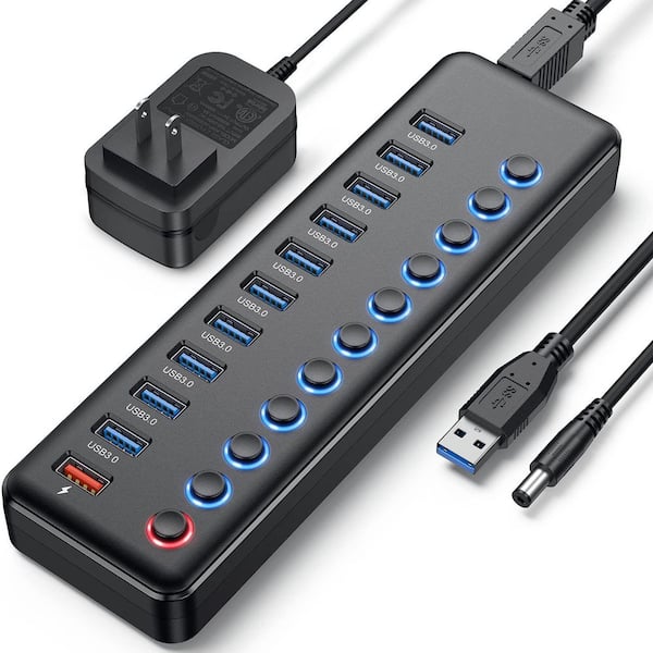 Lukyamzn 11-Port Powered USB 3.0 Hub with 10 Data Transfer Ports and 1 Smart Charging Port, Individual LED On/Off Switches