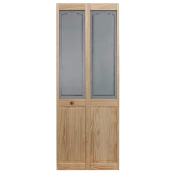 Pinecroft 29.5 in. x 78.625 in. Mezzo Glass Over Raised Panel Frost 1/2-Lite Pine Wood Interior Bi-Fold Door