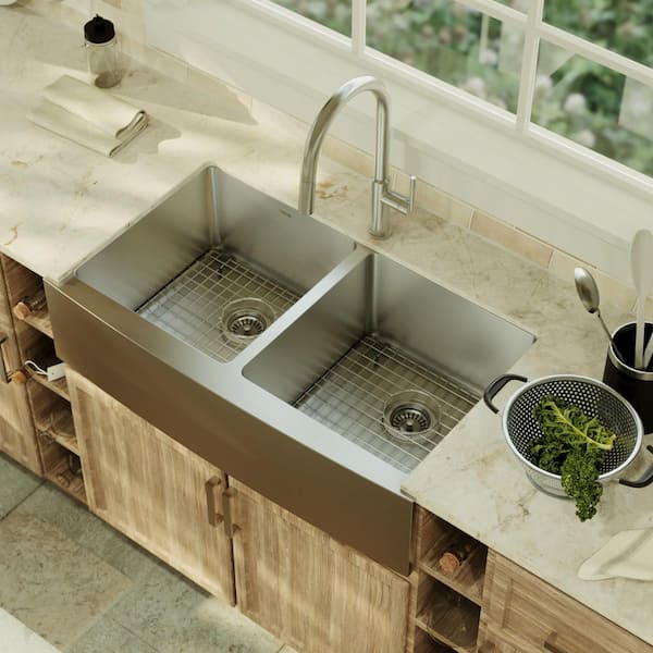 16-Gauge Stainless Steel 36 in. Double Bowl Farmhouse Apron Kitchen Sink with Grid and Basket Strainer