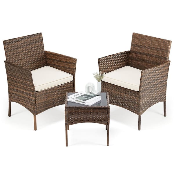 Brown 3-Pieces PE Rattan Wicker Outdoor Patio Conversation Set Sofa Coffee Table with White Cushion