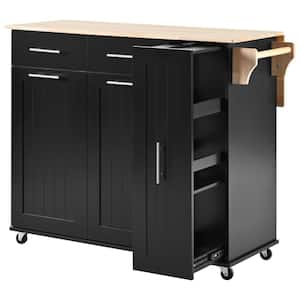 Black Wood 46 in. Kitchen Island on 5-Wheels with Drop Leaf, 3-Tier Pull Out Cabinet Organizer and 2-Drawers