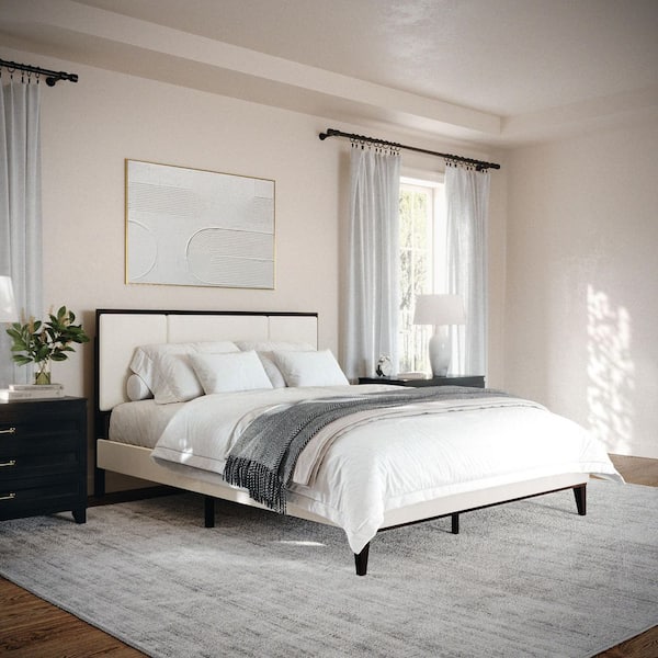 MARTHA STEWART Jett Brown Wood Frame Queen Platform Bed with Upholstered Solid Wood