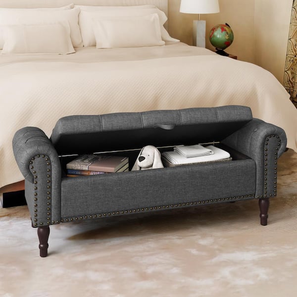 cozyman 50 in. Carbon Gray Fabric Upholstered Roll-Arm Storage Bench with Rivet, Bedroom Bench