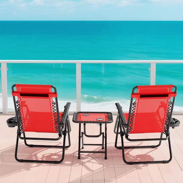 (Set of 3) Patio Sets Zero Gravity Chair with Tray and Table with Cup Holder Metal Outdoor Recliner with Red Cushions