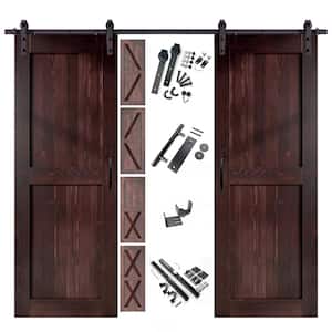 32 in. x 80 in. 5-in-1 Design Red Mahogany Double Pine Wood Interior Sliding Barn Door with Hardware Kit, Non-Bypass