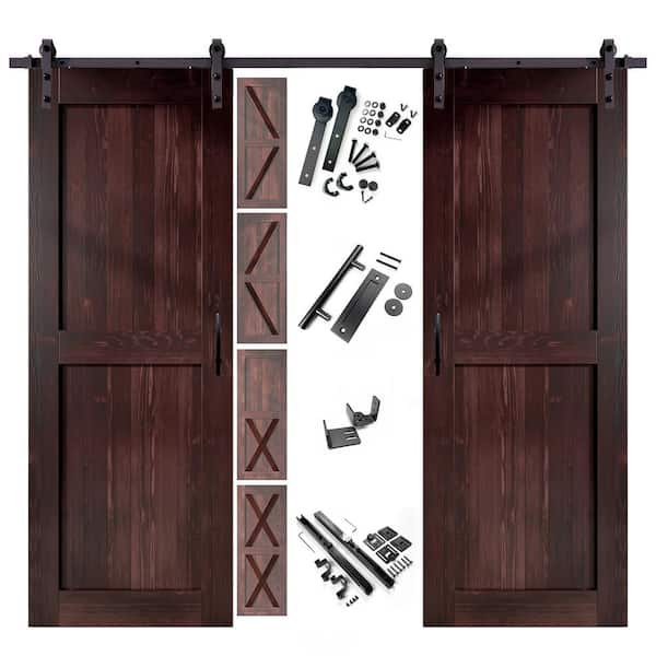 40 in. x 80 in. 5-in-1 Design Red Mahogany Double Pine Wood Interior Sliding Barn Door with Hardware Kit, Non-Bypass