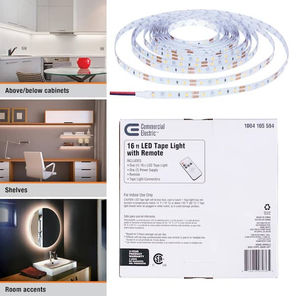 Commercial Electric 16 ft. White Indoor LED Tape Light w/Remote (Plug-in or Direct wire)