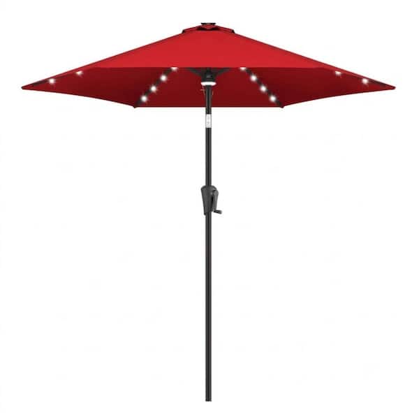 7.5 ft. Steel Market Solar Patio Umbrella with 24 LED Lights and Push-Button Tilt in Red