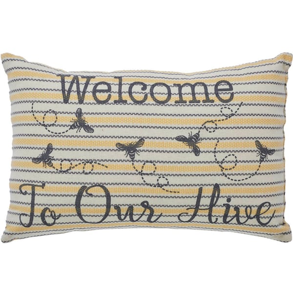 VHC BRANDS Buzzy Bees Yellow Antique White Grey Welcome to Our Hive 9.5 in. x 14 in. Throw Pillow