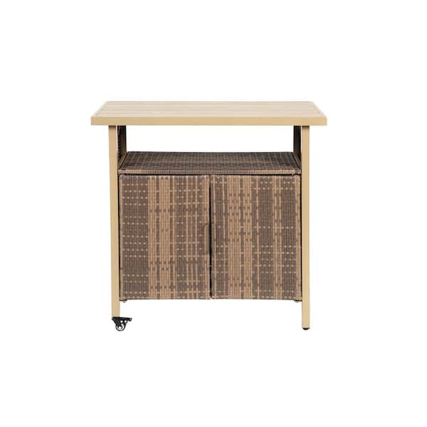 Light Brown Wicker Patio Outdoor Bar Cart with Wheels