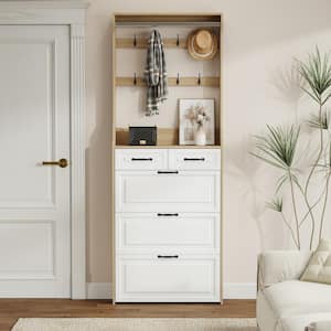 86 in. H x 31.5 in. W White Wooden Shoe Storage Bench Storage Cabinet Shoe, 3 Doors, 2 Drawers with Hanger