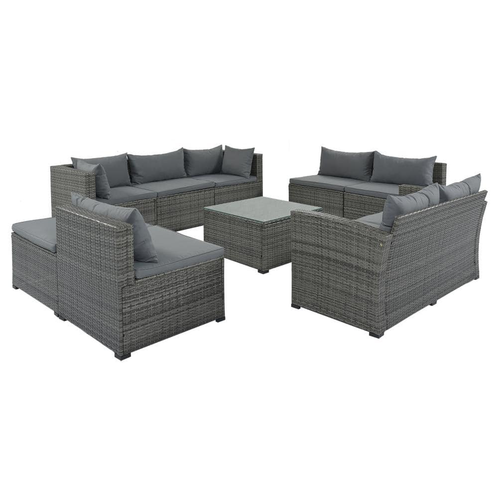 Zeus & Ruta 9piece Gray Wicker Outdoor Sectional Set with Gray