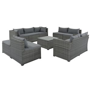 9-piece Gray Wicker Outdoor Sectional Set with Gray Cushions for Garden, Backyard, Porch and Poolside
