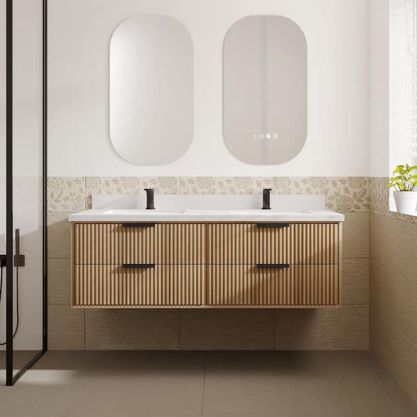 VLeaf 55 in. W x 21 in. D x 22 in. H Double Sink Bath Vanity Cabinet in Weather Fir with White Engineered Stone Top