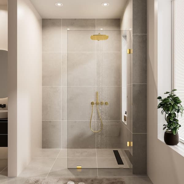 36 in. W x 78 in. H Frameless Fixed Single Panel Shower Screen Door in Brushed Brass with 3/8 in. (10mm) Clear Glass
