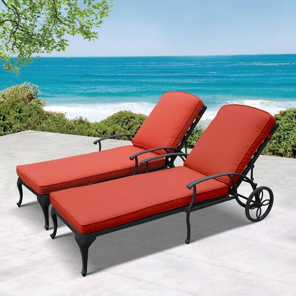 Red Outdoor Chaise Lounge W/ Reversible Cushion Polyester Adjustable Patio Chair 