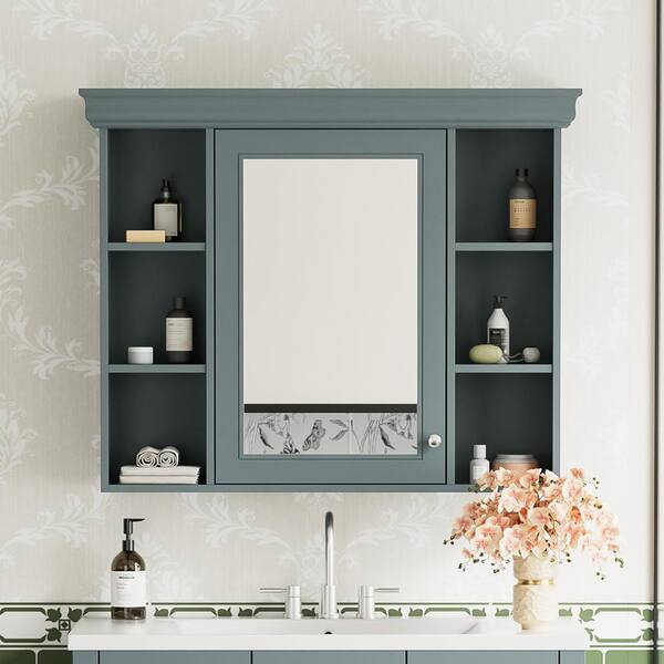 FORCLOVER 35 in. W x 28 in. H Rectangular Medicine Cabinet with Mirror and 6-Open Shelves in Blue