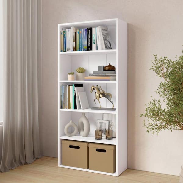 52.83 in. Tall White Wood 5-Shelf Etagere Bookcase with Adjustable Shelves