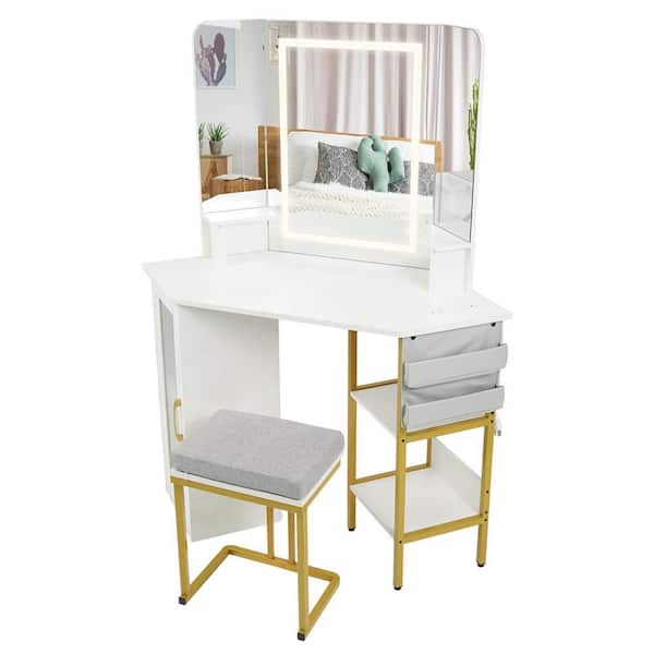 2-Piece White Makeup Corner Vanity Set with Mirror Lights Triple Mirror 3 Lighting Modes Matching Chair