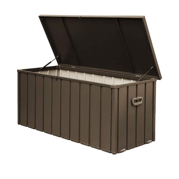 Sudzendf Dark Brown 120 Gal. Outdoor Storage Steel Deck Box, Waterproof, Large Patio Storage Bin