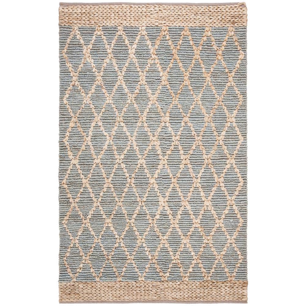 Handmade Light Blue and Beige Jute Geometric Area Rug, 5' x 8'