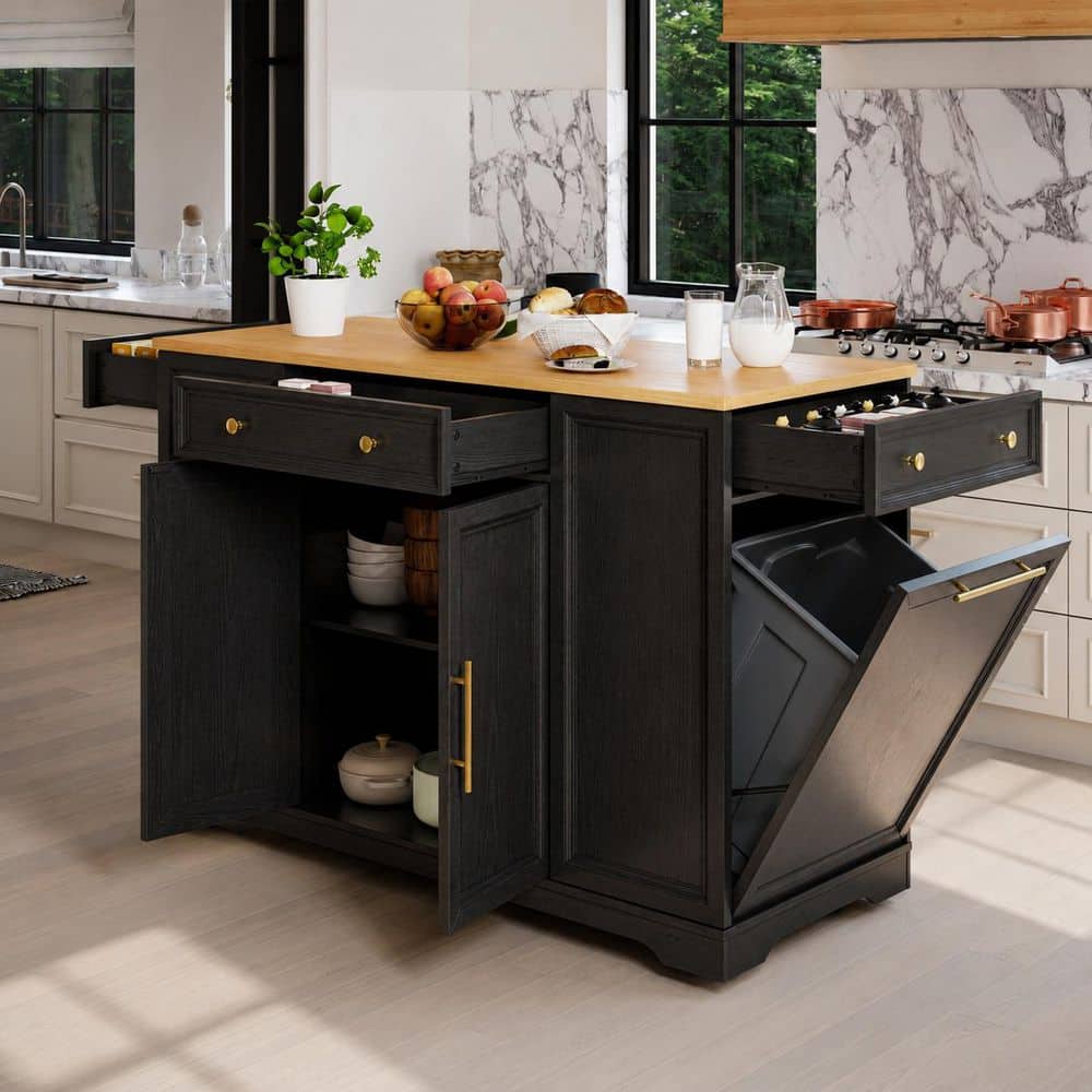 Black Wood 53 in. Kitchen Island with Trash Can Cabinet, Drawers, Storage Shelves and Lockable Wheels
