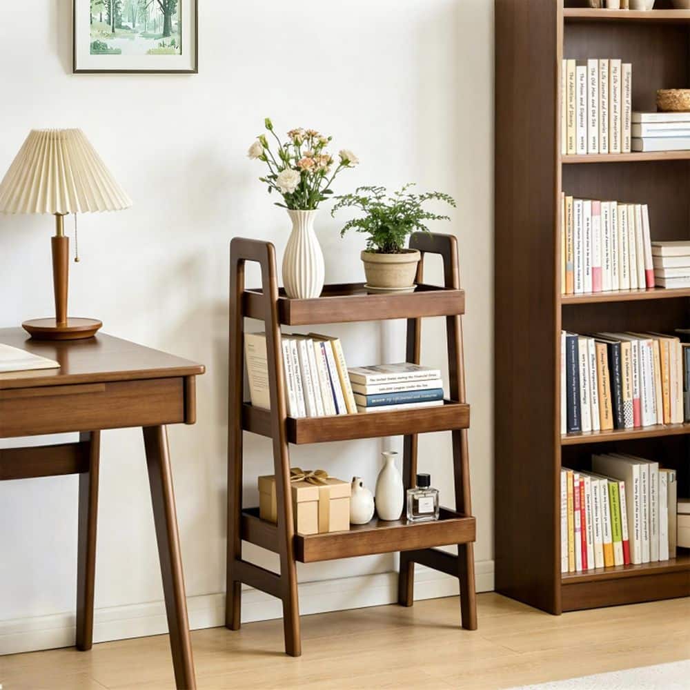 Galvion 31.5 in. Tall Modern Walnut Solid Wood 3-Tier Ladder Bookcase Side Table with Open Storage