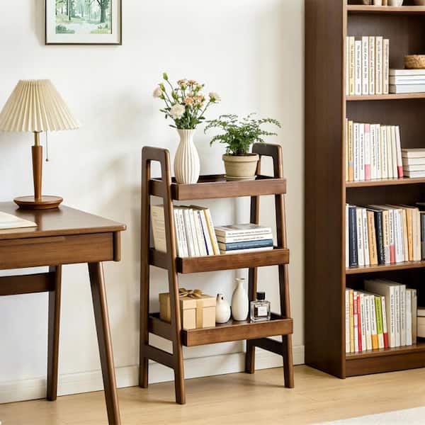 Galvion 31.5 in. Tall Modern Walnut Solid Wood 3-Tier Ladder Bookcase Side Table with Open Storage