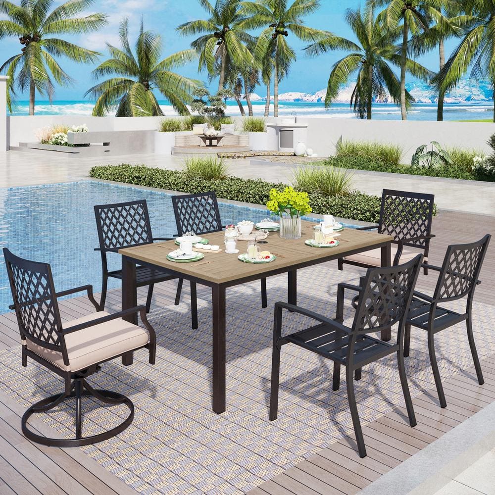 7-Piece Metal Outdoor Dining Set with Brown Rectangular Table-Top and Elegant Swivel Chairs with Beige Cushions